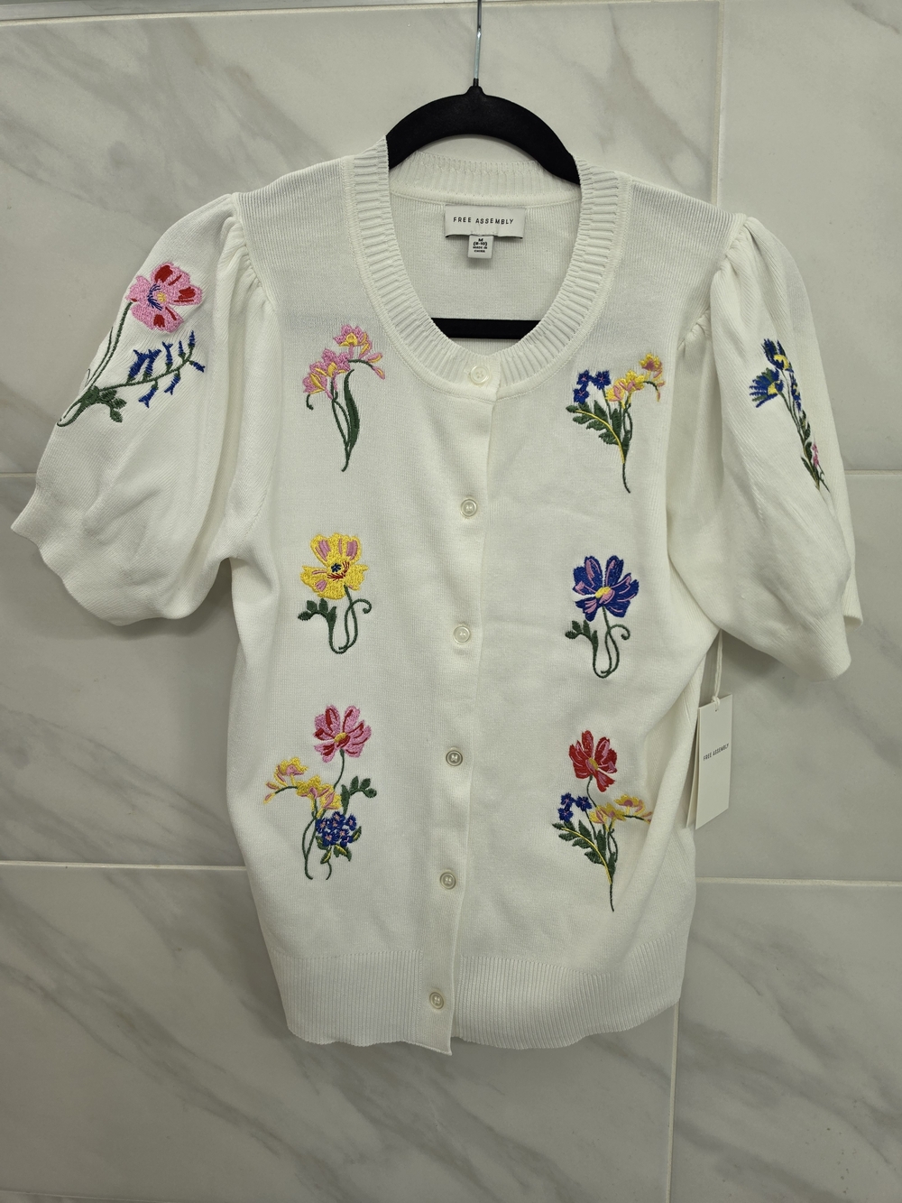 Free Assembly White Floral Embroidered Puff-Sleeve Cardigan